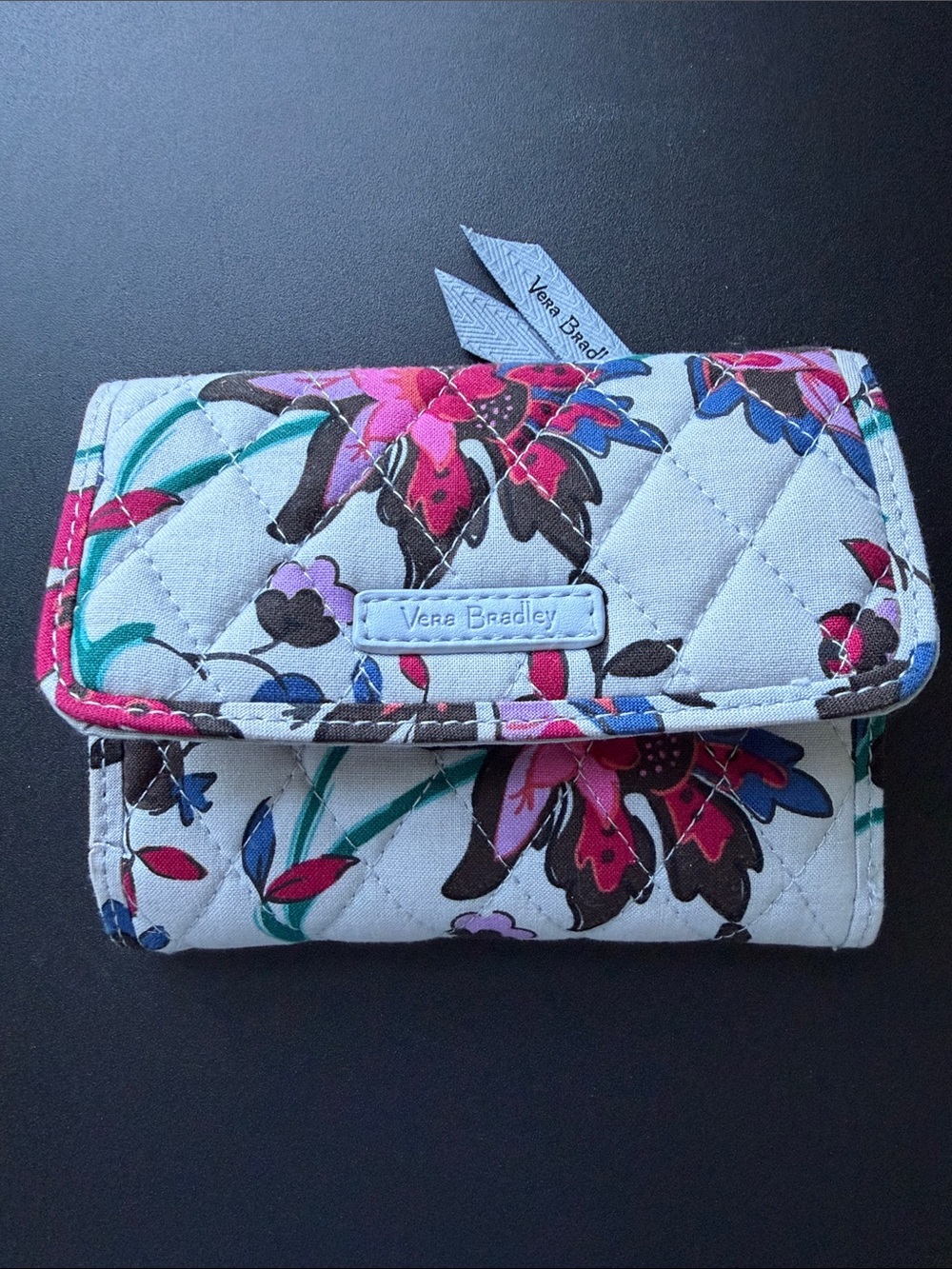 Vera Bradley White Quilted Floral Card Holder with Pink & Blue Accents
